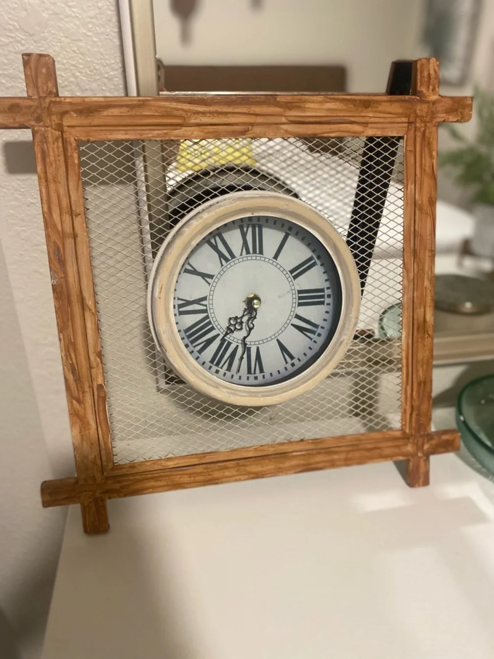 Wood-Frame Mesh Accent Wall Clock in Brown and Cream